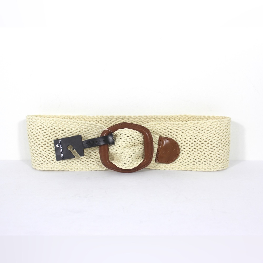LIZ CLAIBORNE Woven Off White Wide Belt with Natural Leather Buckle